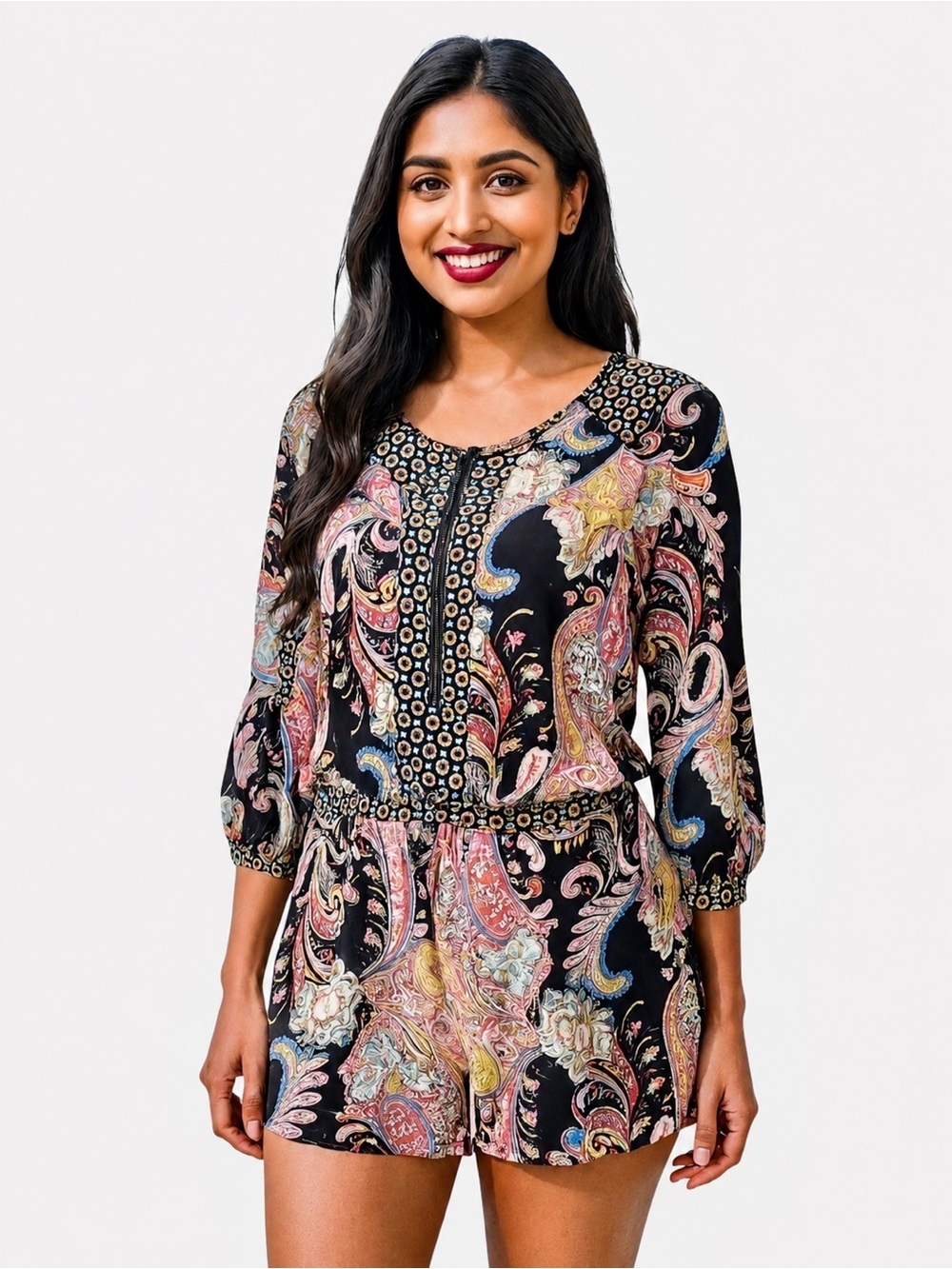 LovPosh Pink Black Paisley Romper Button up 3/4 Sleeves size S